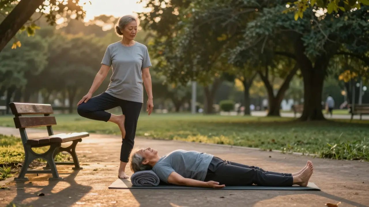 Elderly couple practicing yoga together in a park at dusk, showing balance and quiet connection.