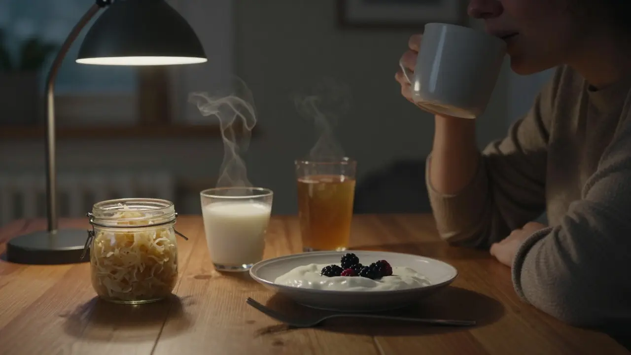 Fermented foods like sauerkraut and kefir on a table with plain yogurt and berries for gut health.