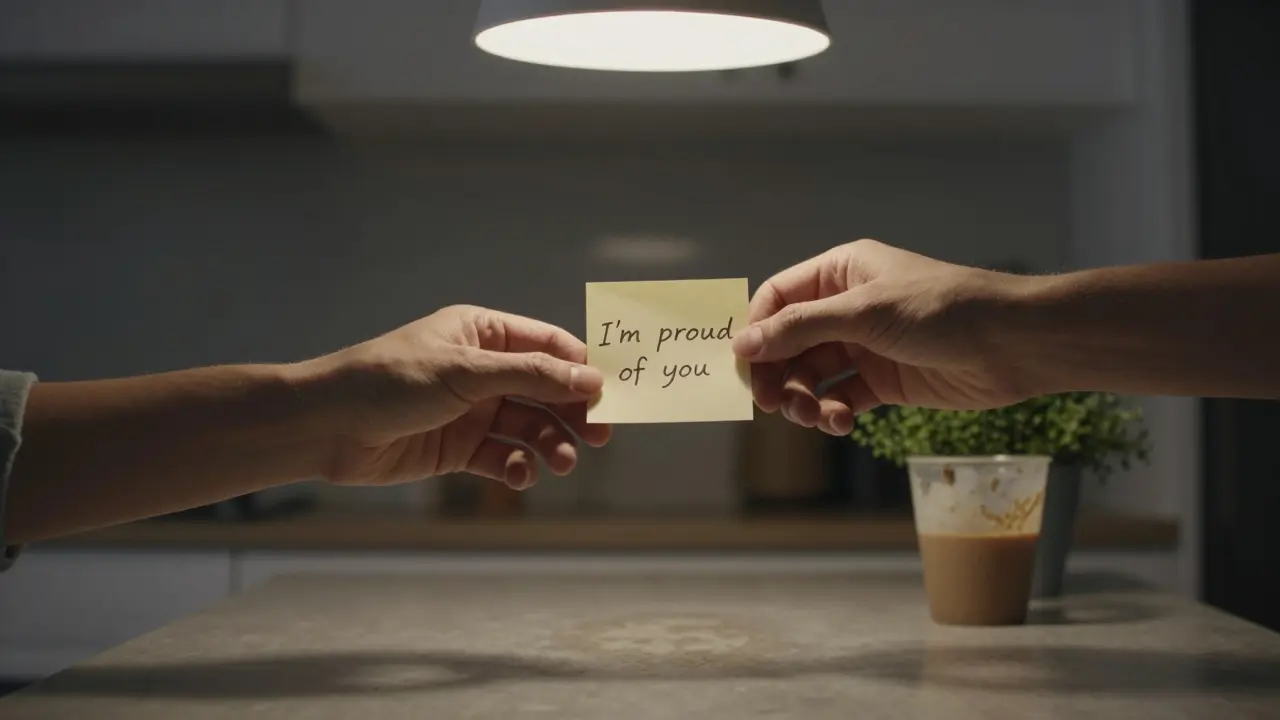 Hands nearly touch across a kitchen counter, connected by a handwritten note of encouragement.