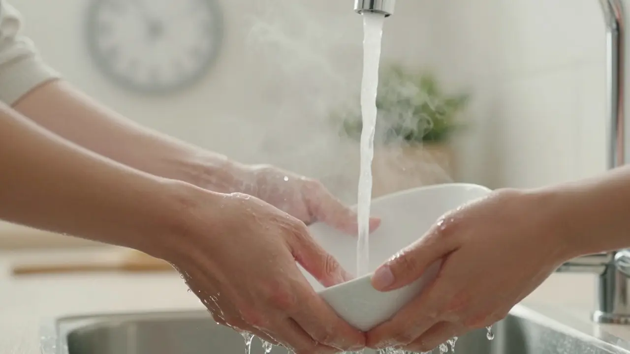 Hands washing dishes mindfully, water droplets catching light in kitchen.