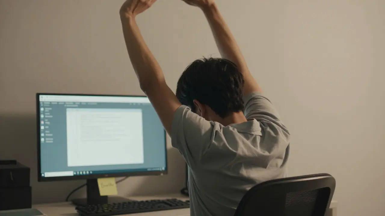 Office worker stretching during a movement break, releasing mental tension.
