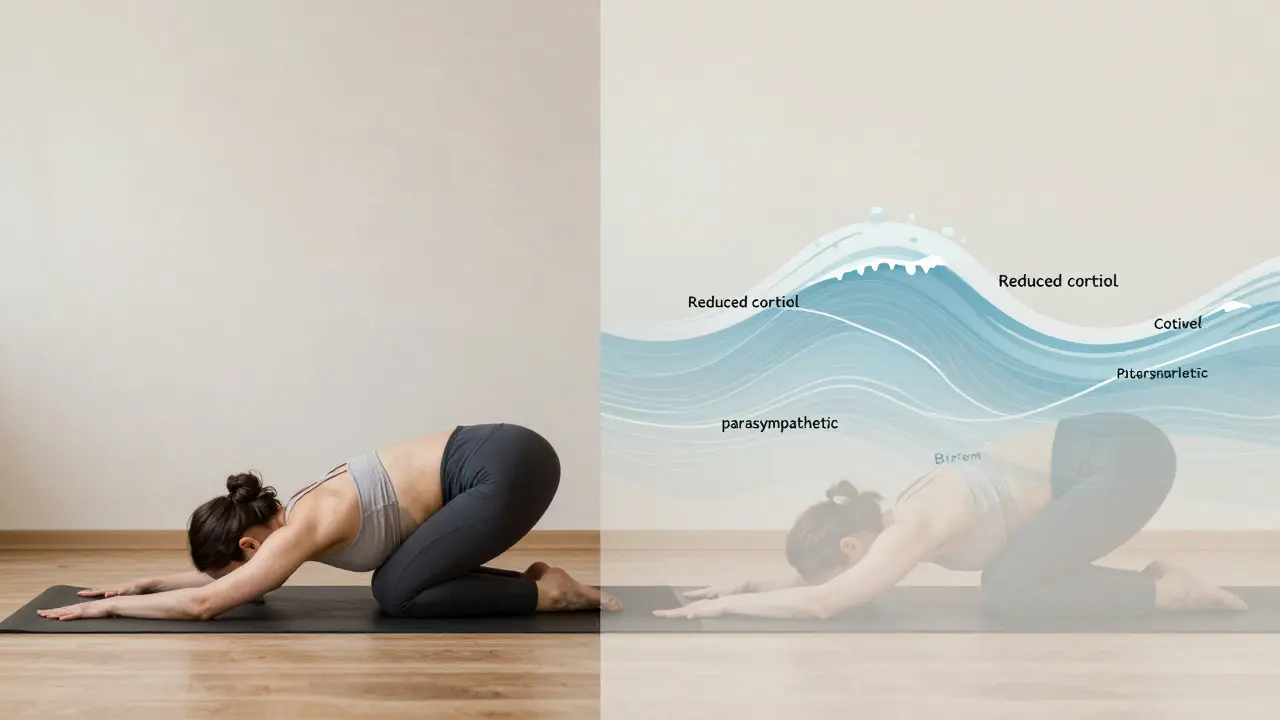 Person doing cat-cow stretch with visual representation of calming nervous system activity.