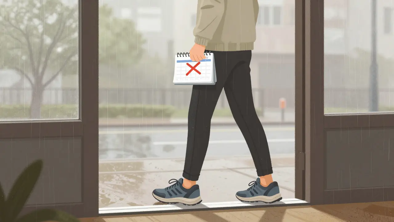 Person stepping outside in light rain with running shoes by the door and a marked calendar.