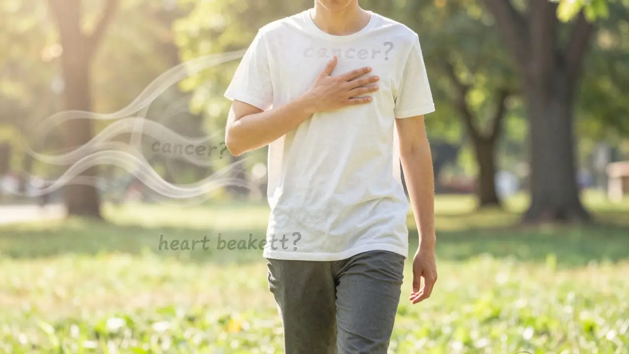 Person walking in park, anxious thoughts fading around them, peaceful sunlight all around.