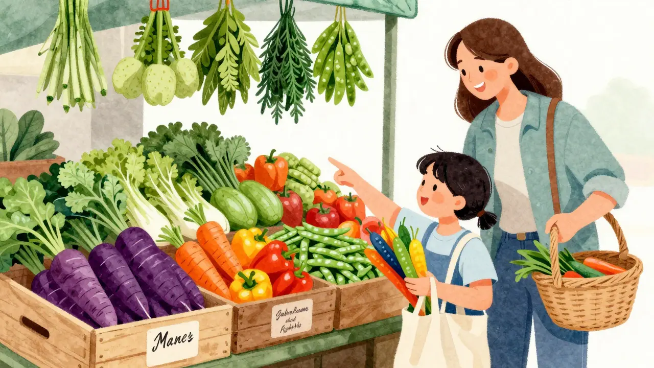 Young child excitedly choosing colorful vegetables at a vibrant farmers market.