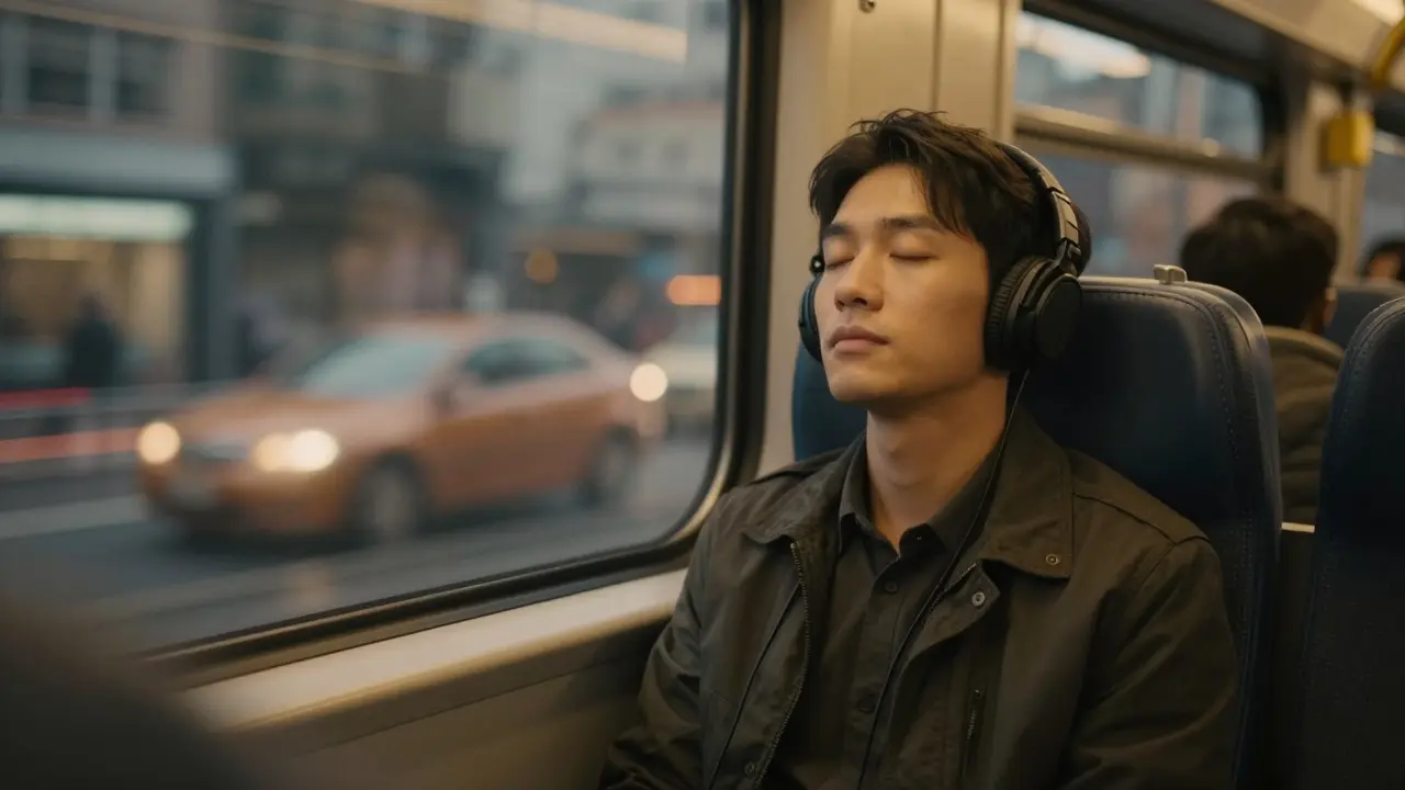 A commuter meditating peacefully on a busy train with eyes closed.