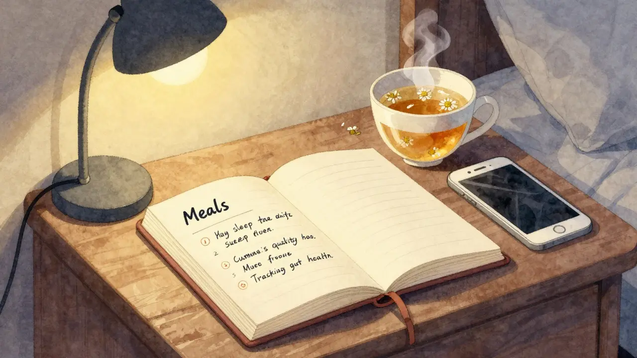 A journal with handwritten notes and herbal tea beside a turned-off phone at bedtime.