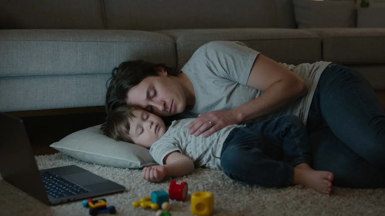 A parent resting quietly beside a sleeping child on a living room floor.