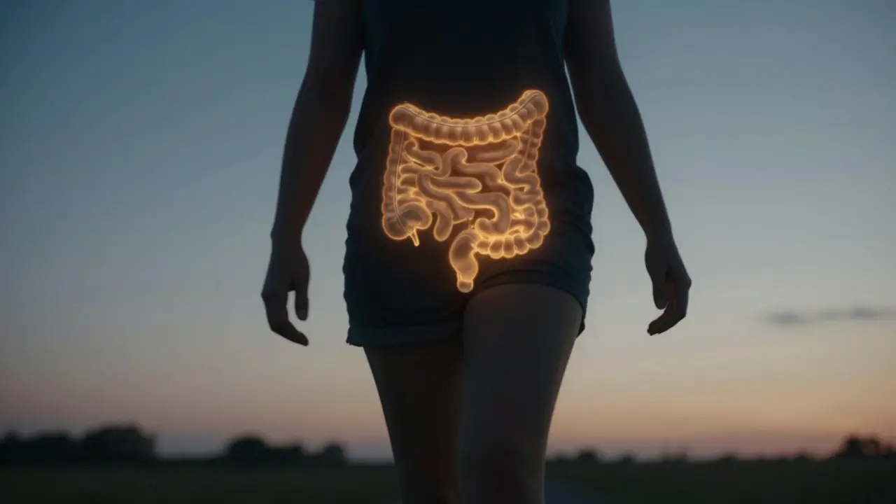 A person walking calmly after dinner, symbolizing improved digestion through movement.
