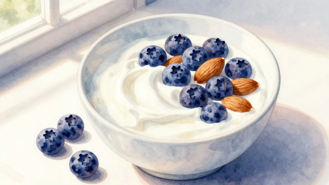 Bowl of Greek yogurt with blueberries and almonds