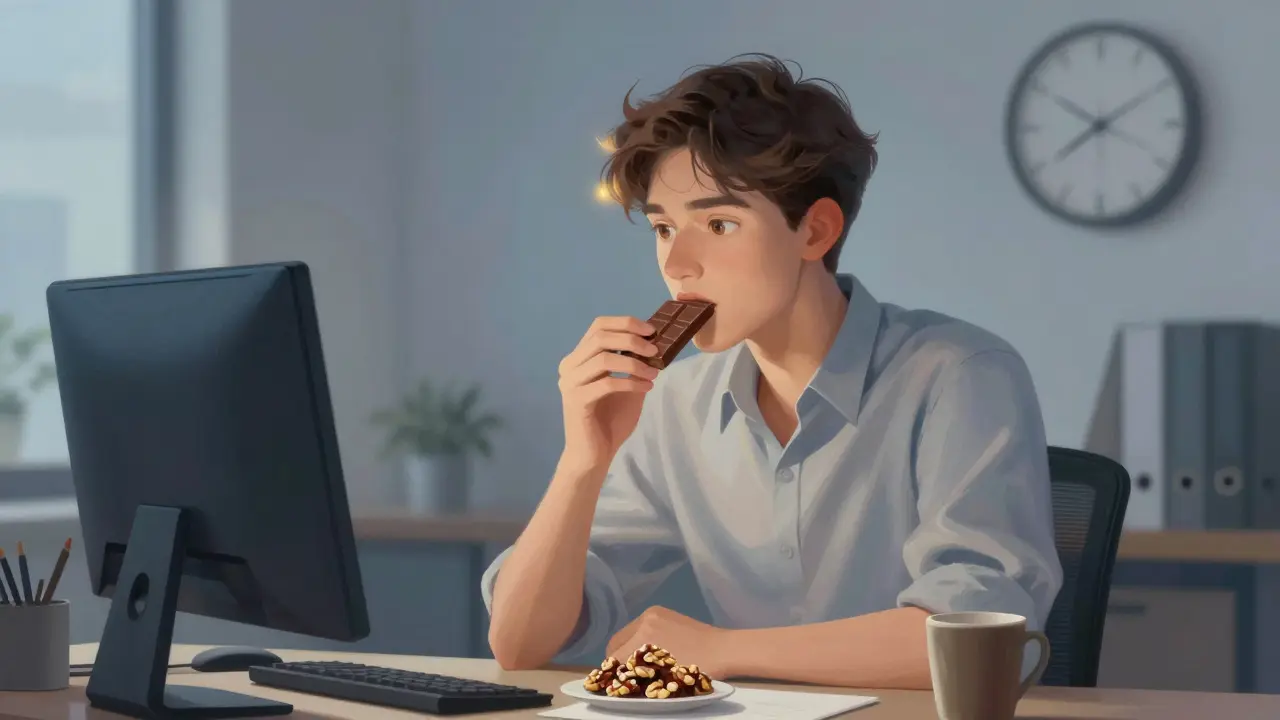 Office worker eating dark chocolate and walnuts for focus