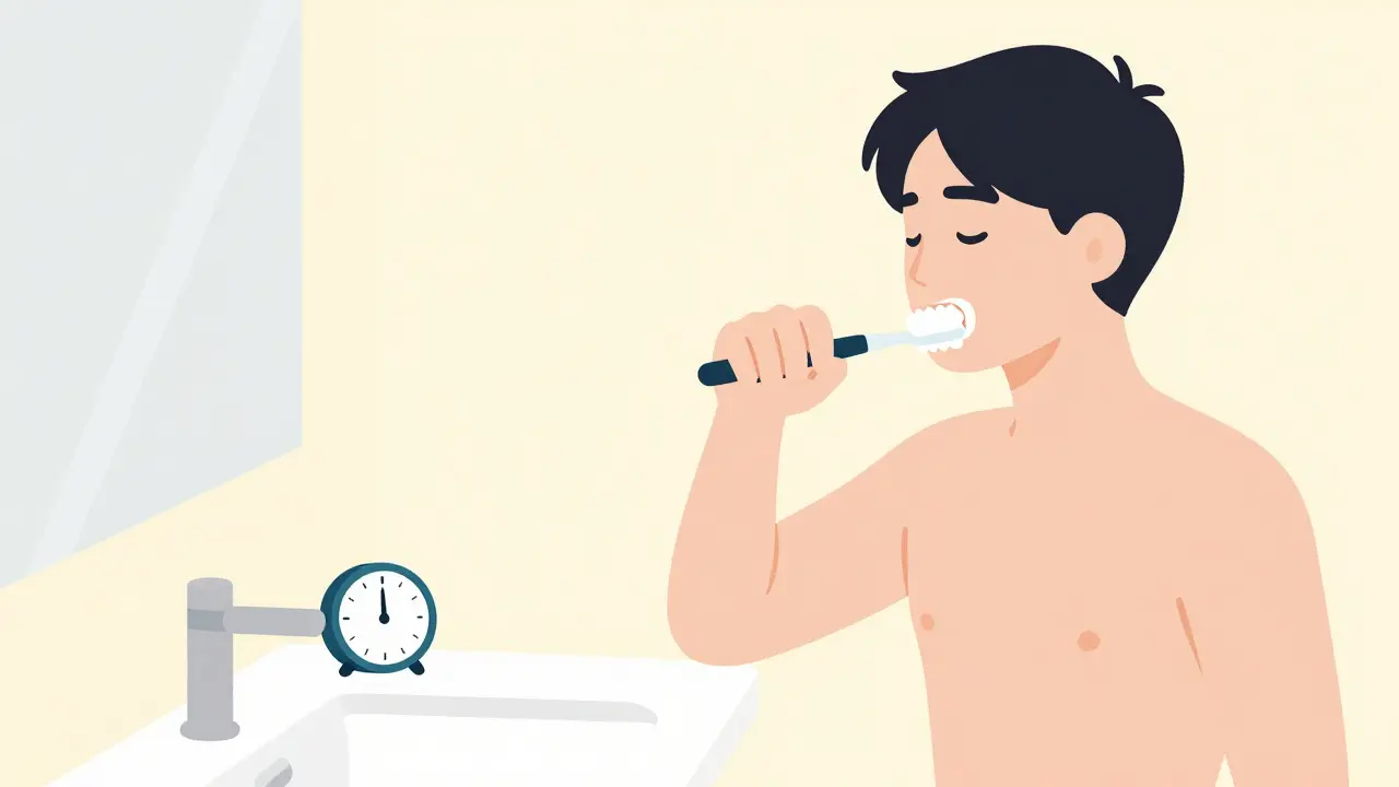 Person brushing teeth while practicing breathing exercises in bathroom at sunrise.
