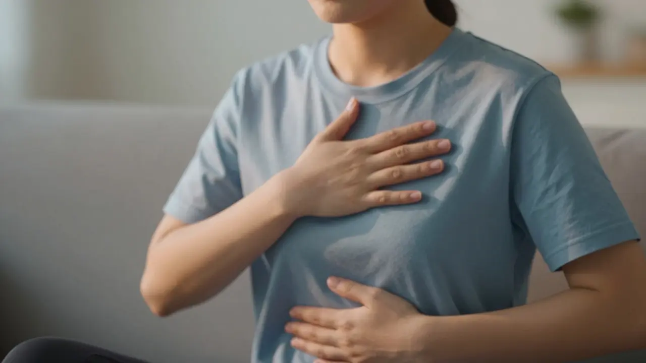 Person practicing diaphragmatic breathing with hands on chest and stomach, calm expression.
