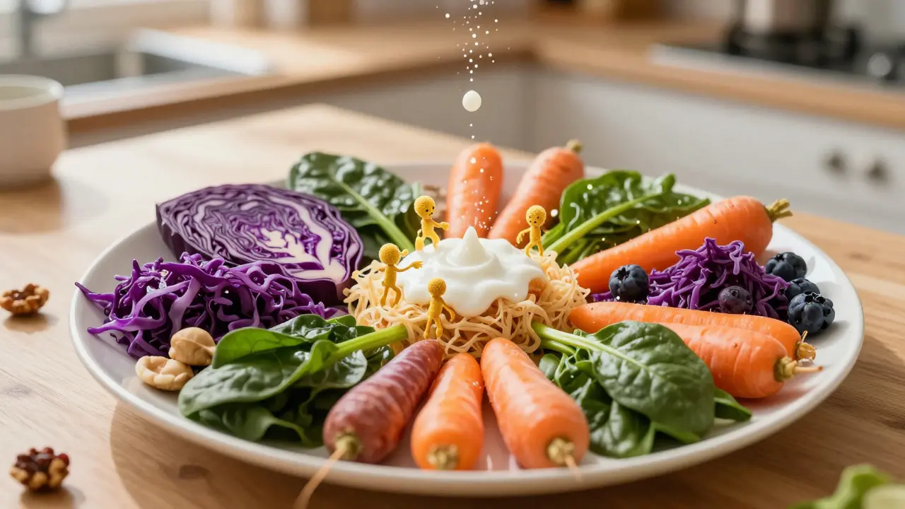 A colorful plate of plant-based foods and fermented sauerkraut with glowing probiotic particles swirling around them.