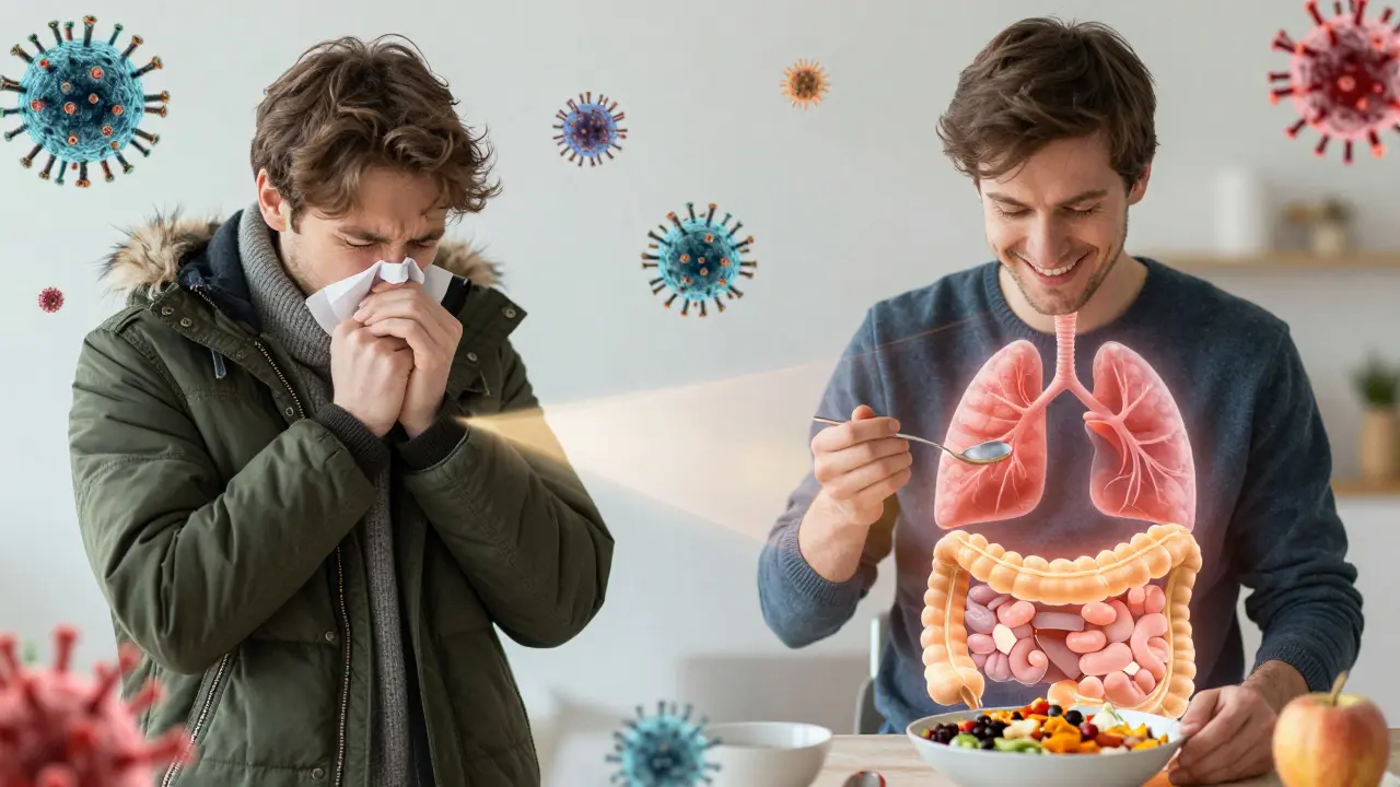 A person sneezing on one side, and the same person eating healthily with a glowing gut microbiome on the other.
