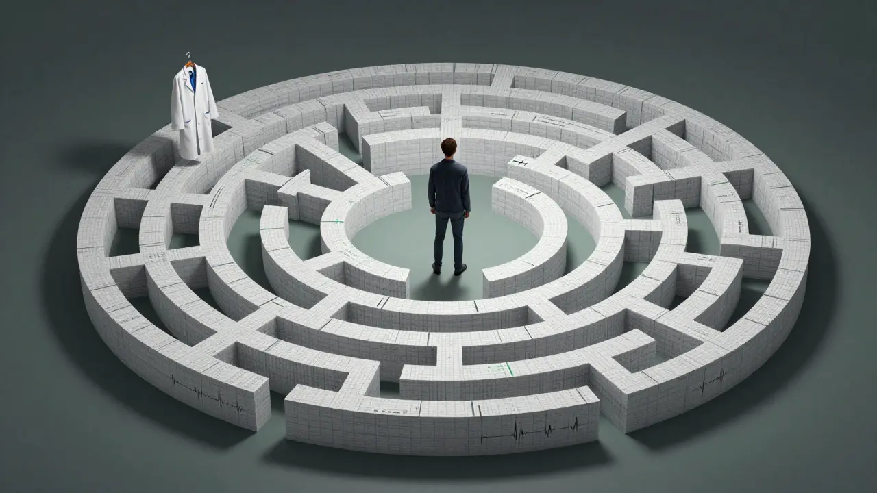 A person trapped in a spiral of medical charts and search results, symbolizing obsessive health fears.