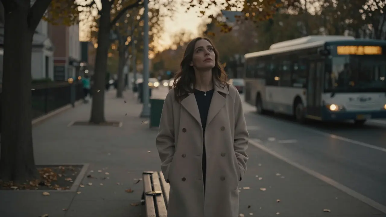 A woman standing still on a quiet street, looking up at the sky as leaves drift down, phone left behind.