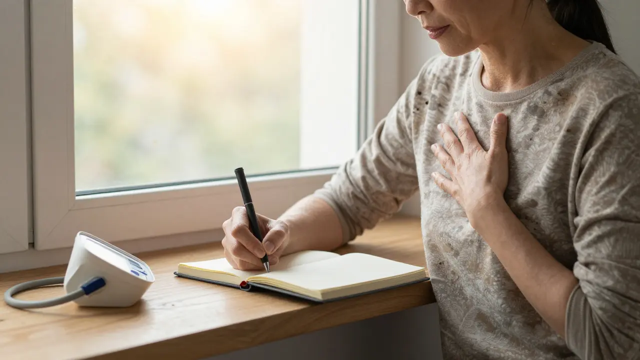 A woman writing in a journal at sunrise, calmly observing her breath, with a forgotten monitor nearby.