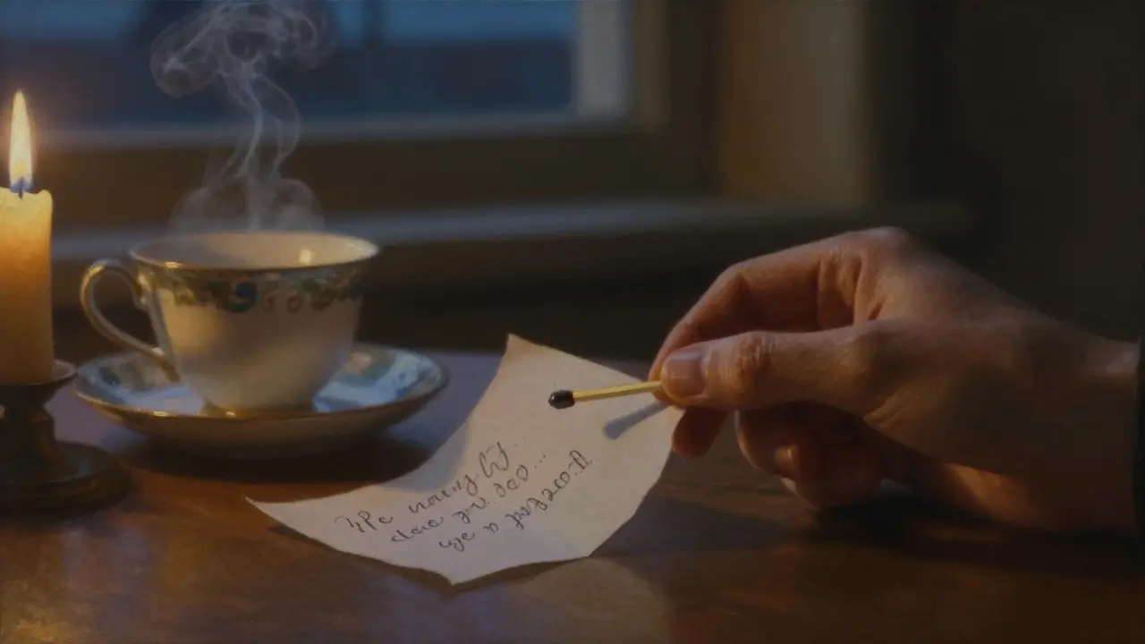 Hands tearing and burning a note by candlelight, teacup nearby, twilight visible through a window.