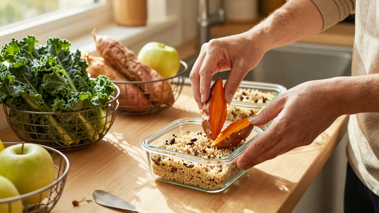 Kitchen scene with seasonal produce for sustainable meal preparation