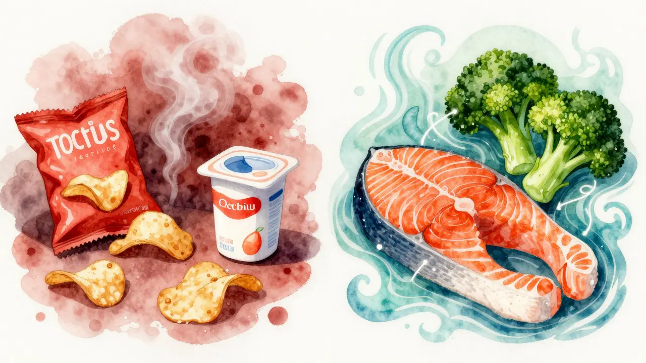 Split illustration contrasting inflammatory and anti-inflammatory foods