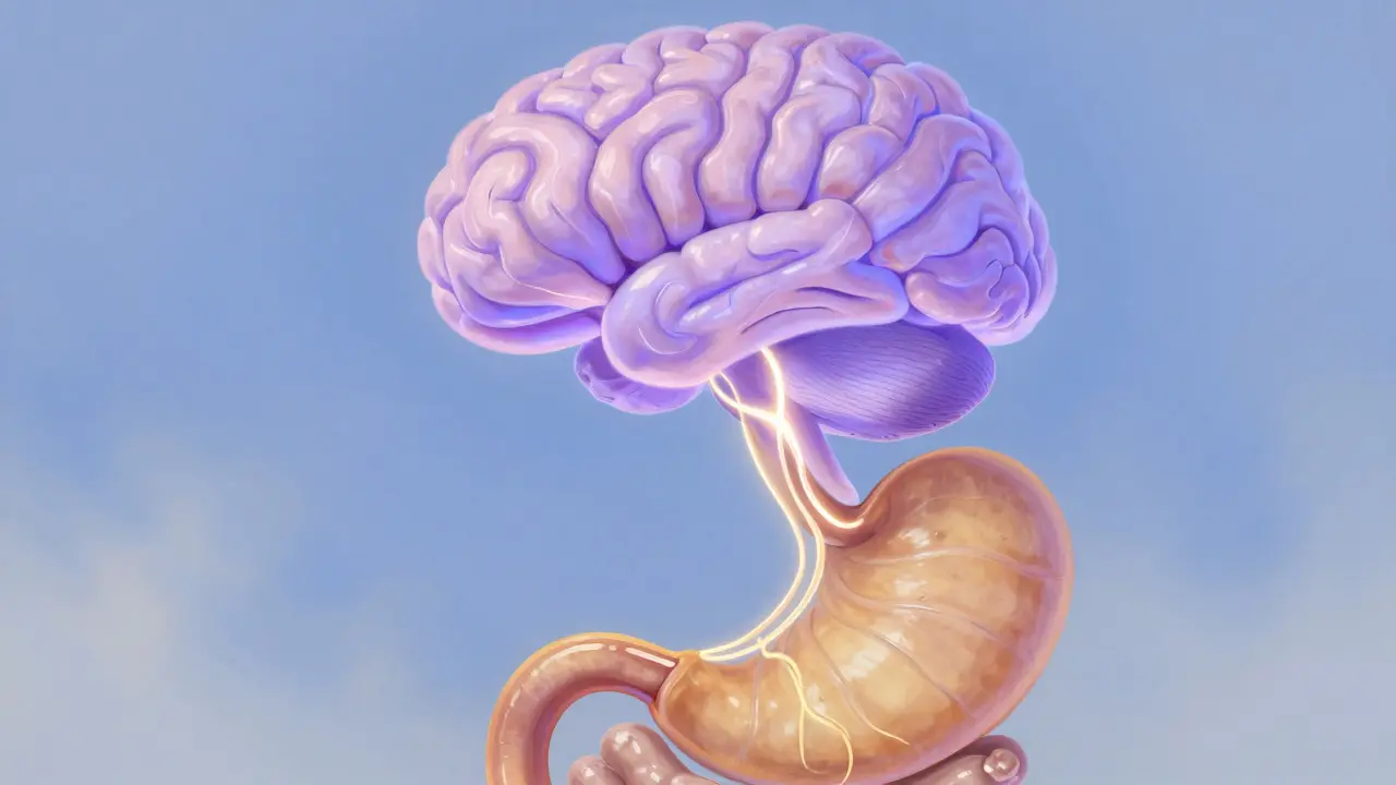 Stylized brain and stomach connected by a glowing nerve pathway.