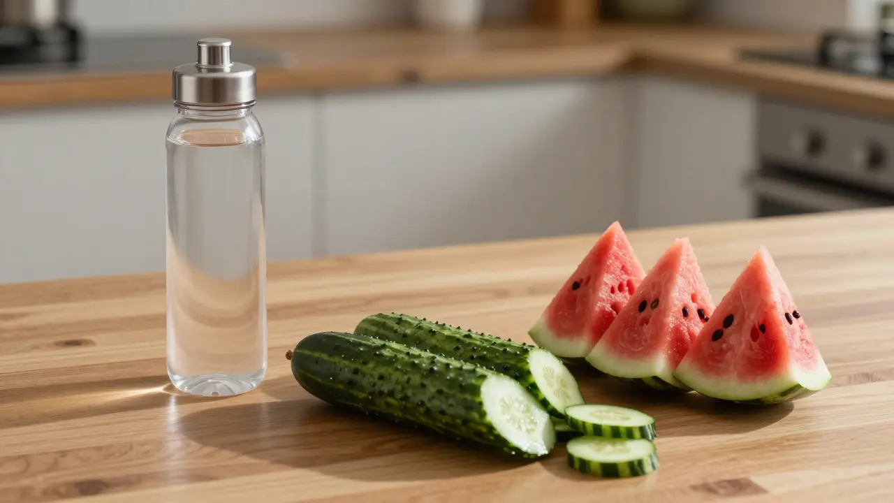 Water bottle next to sliced cucumber and watermelon on a table.
