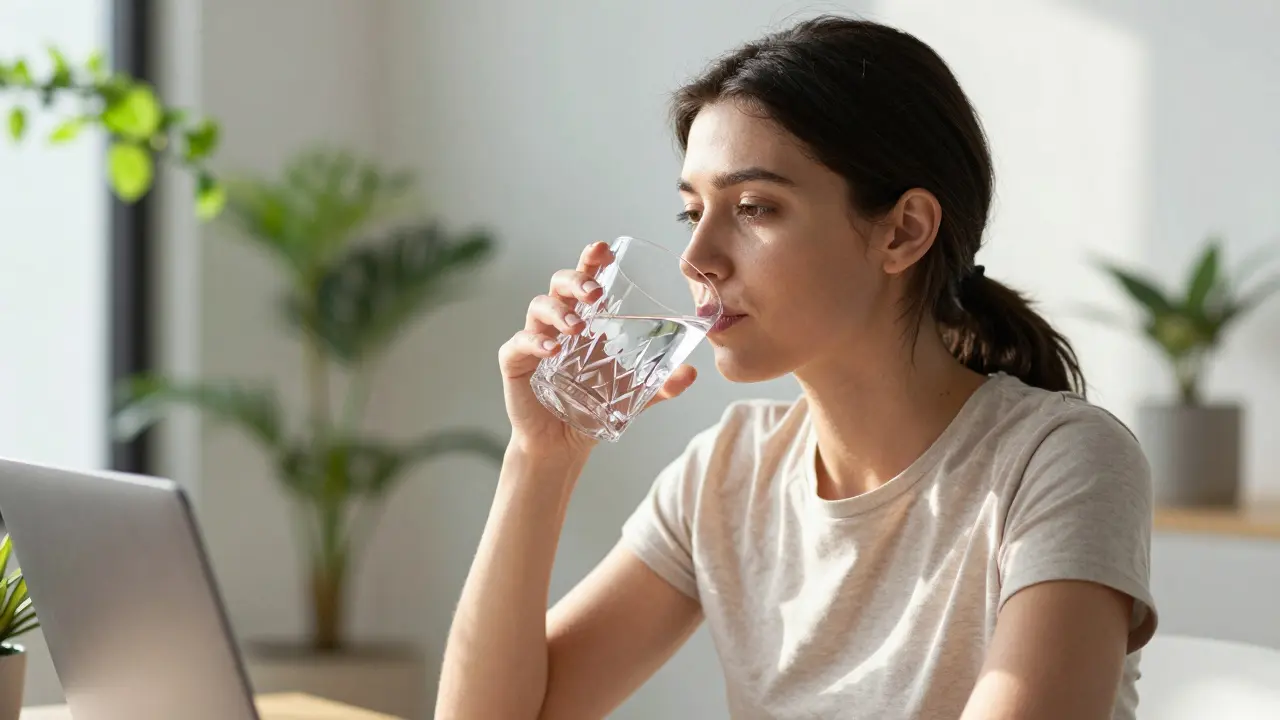 Woman drinking water at a desk looking focused and refreshed.