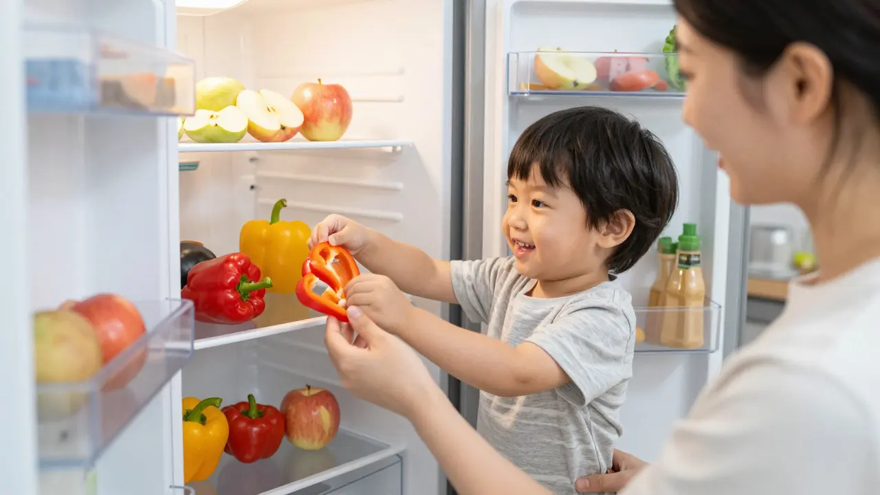 A child and parent placing healthy pre-cut vegetables on a middle refrigerator shelf.