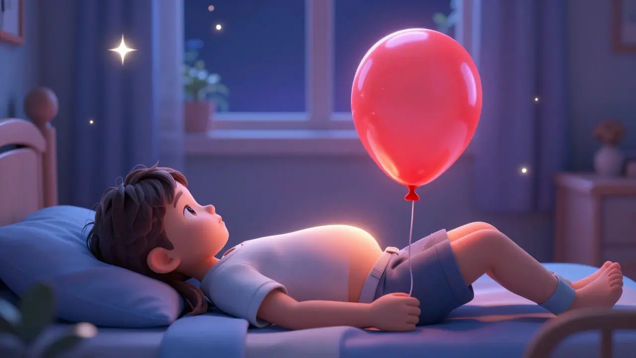 A child imagining a glowing red balloon in their belly during a breathing exercise.