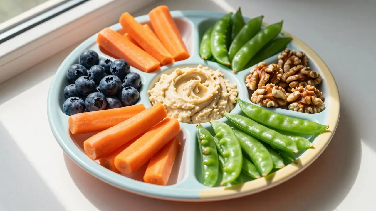 A colorful variety of healthy snacks like blueberries, carrots, and hummus on a divided plate.
