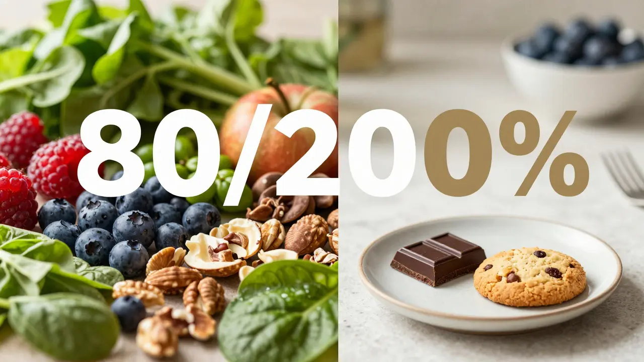 A conceptual image showing a balance between nutrient-dense whole foods and a small treat