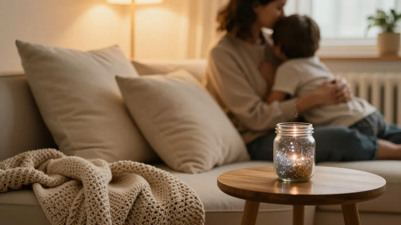 A cozy home calm-down corner with pillows and a glitter jar for emotional regulation.