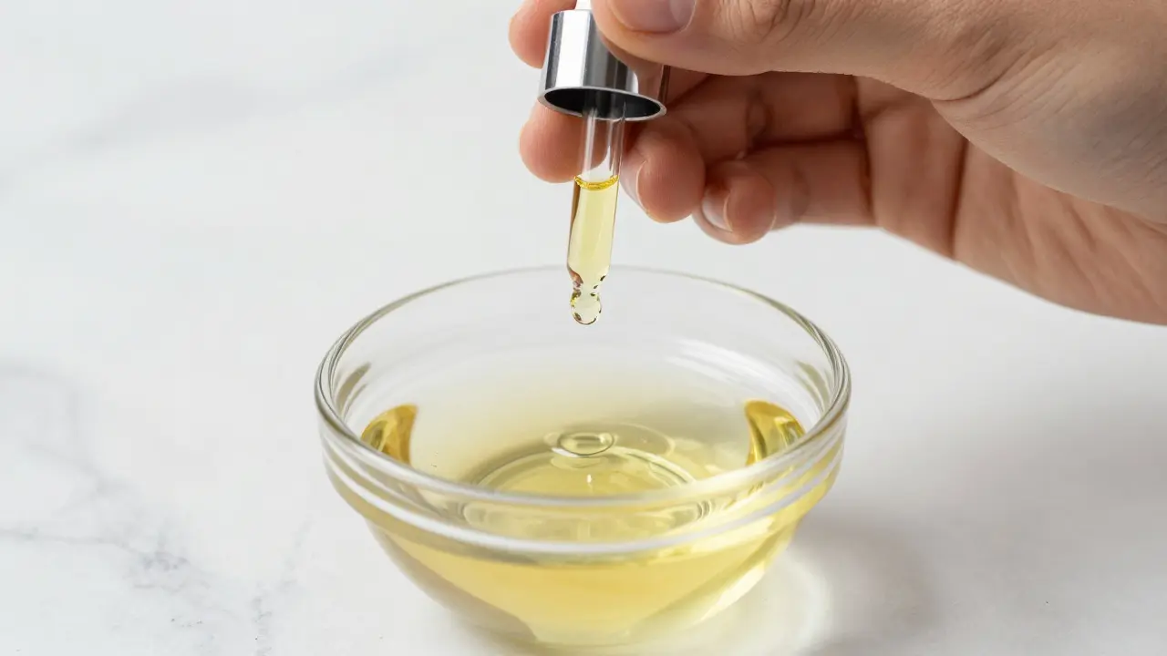 A drop of essential oil being added to a carrier oil in a glass bowl
