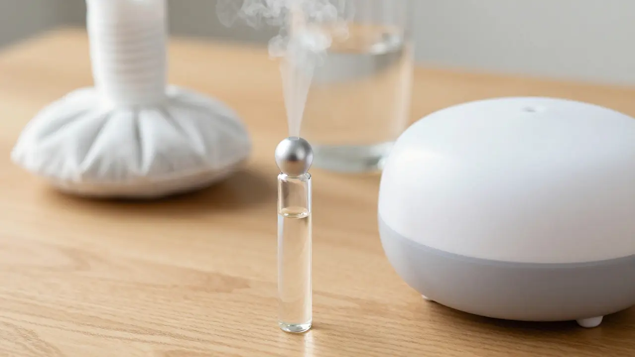A glass roller bottle and an essential oil diffuser on a wooden desk for headache relief