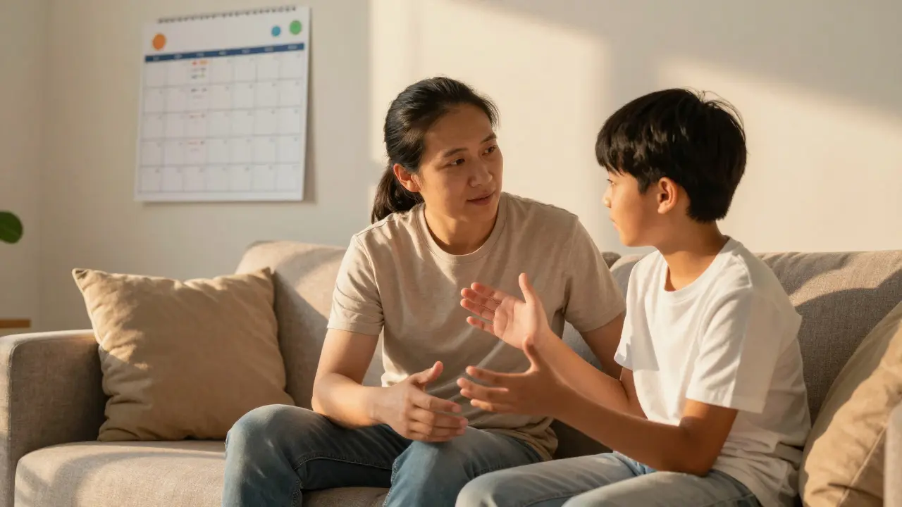A parent and pre-teen child talking supportively on a sofa in a warm, stable home environment.