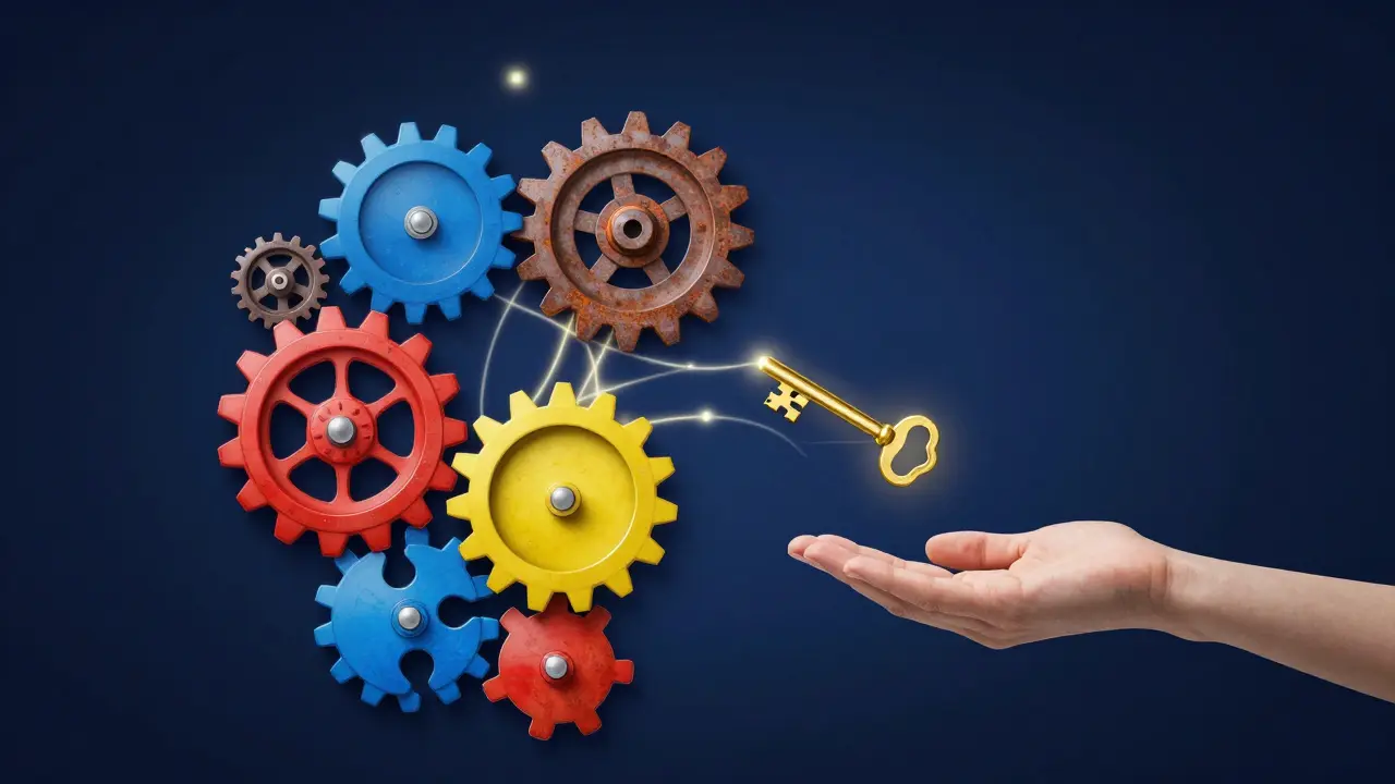 Conceptual art of a child's silhouette with gears symbolizing mental health and the key of intervention.