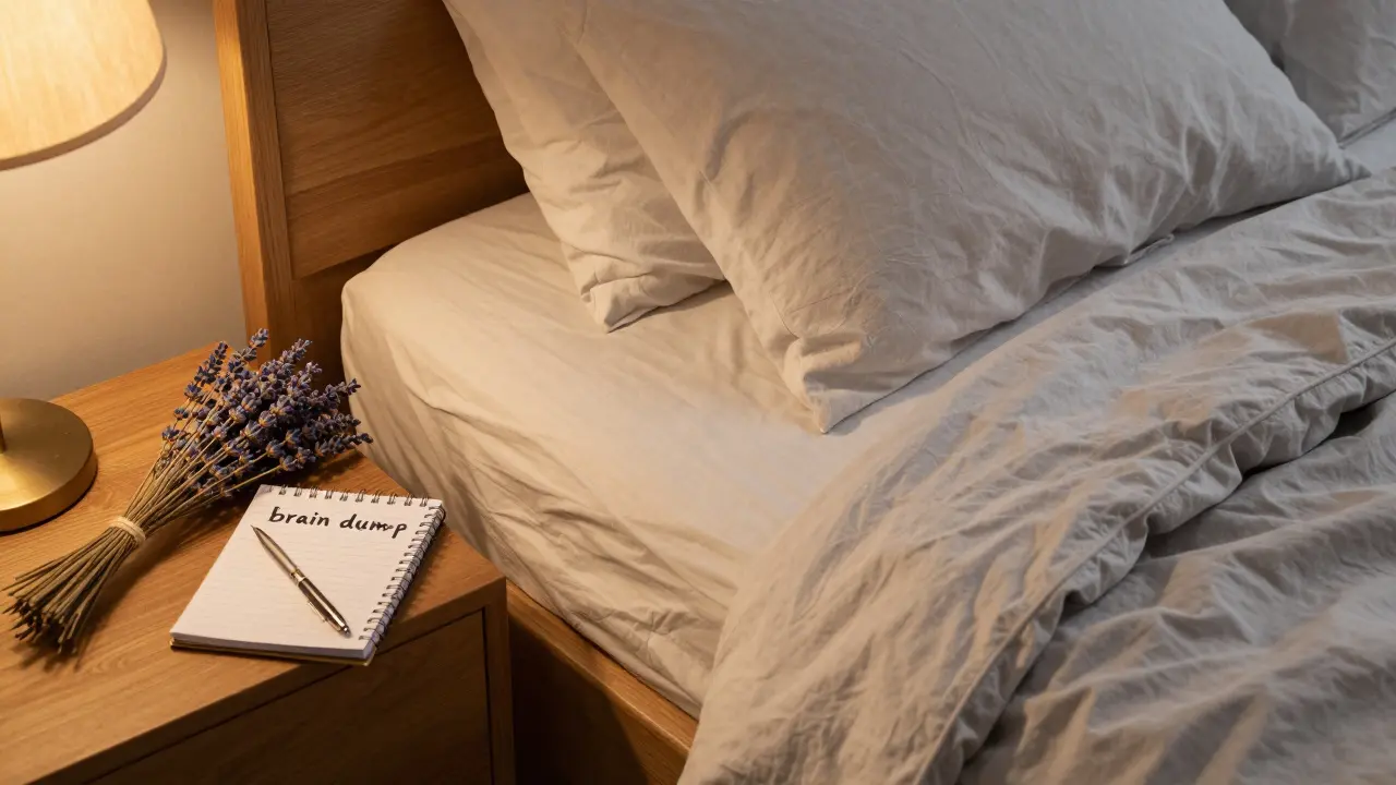 Cozy bedroom scene with lavender and a notepad on a bedside table