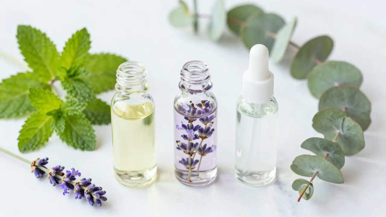 Essential oil bottles of peppermint, lavender, and eucalyptus with fresh herbs on marble