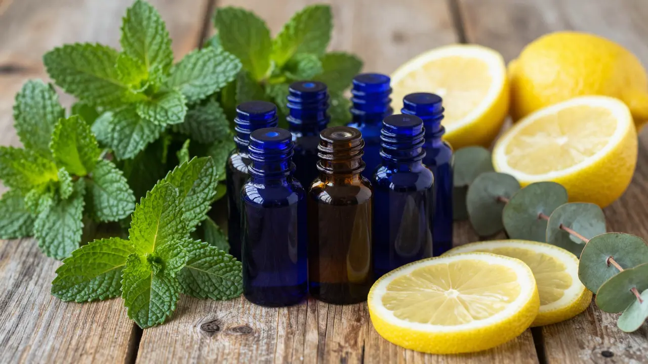 Essential oil bottles surrounded by fresh peppermint, lemon, and eucalyptus