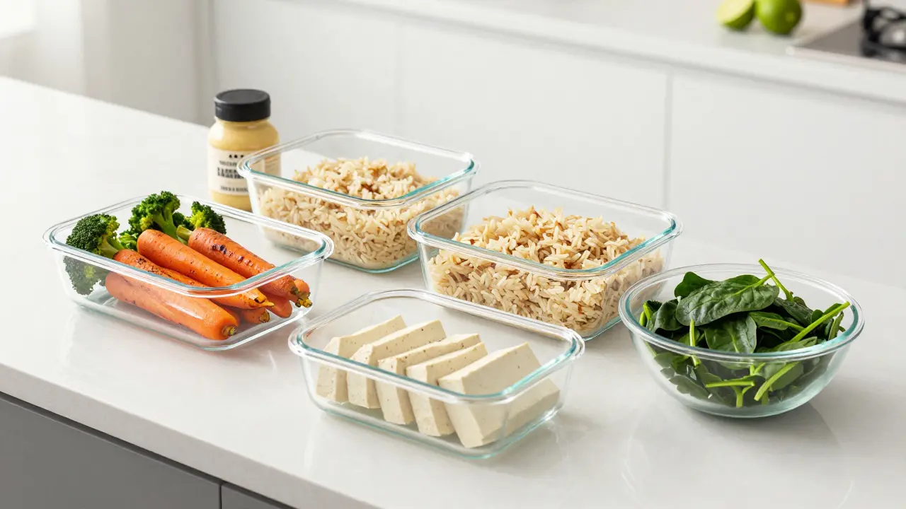 Glass containers with prepped roasted vegetables, rice, and tofu on a kitchen counter