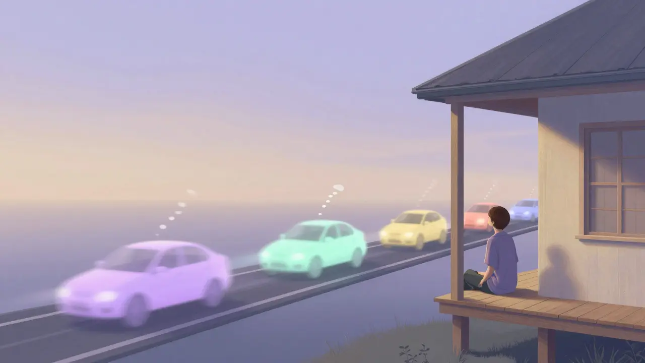 Person sitting on a porch watching stylized cars pass by to represent mindful observation