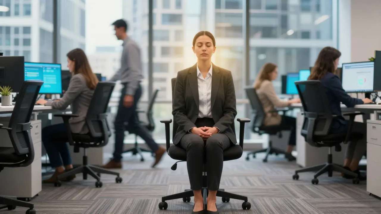 Professional person practicing a brief moment of stillness in a busy modern office