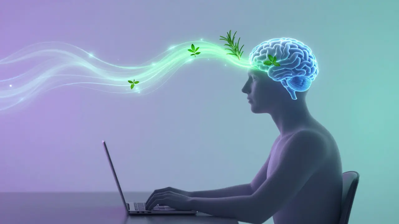 Abstract illustration of scent pathways stimulating the brain for focus