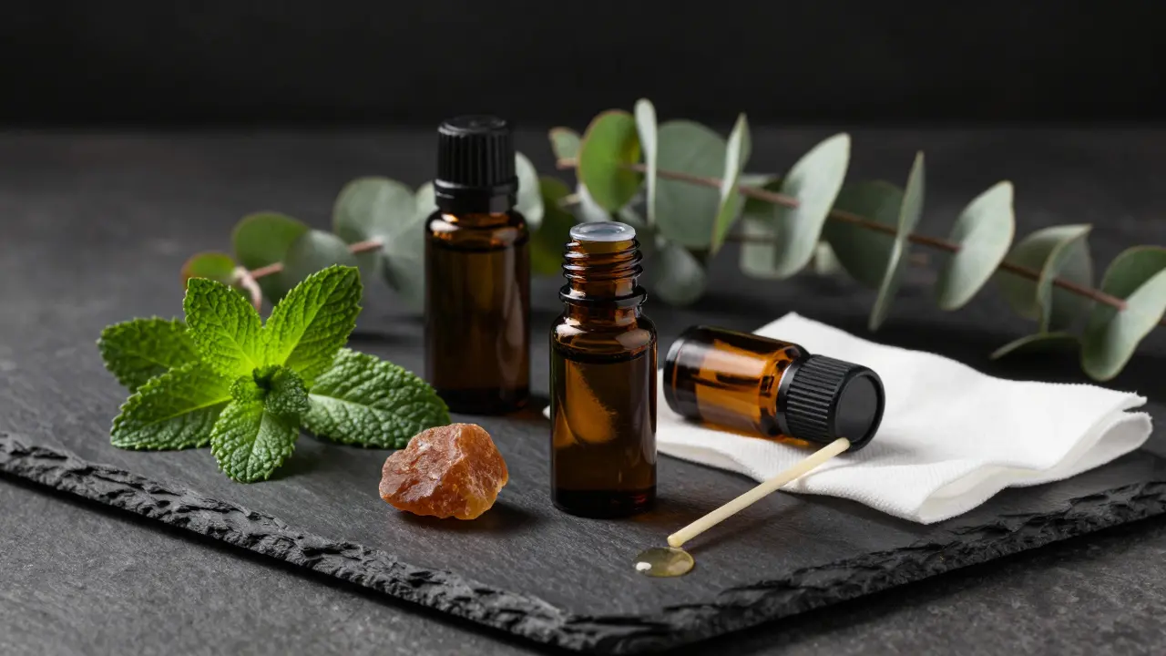 Amber bottles of essential oils with herbs on a dark slate surface
