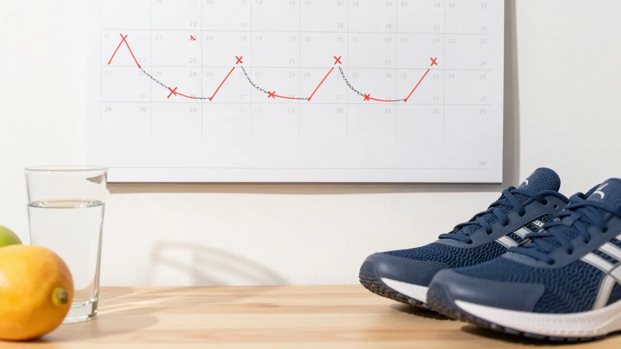 Calendar with habit tracking X marks and healthy items on a desk.