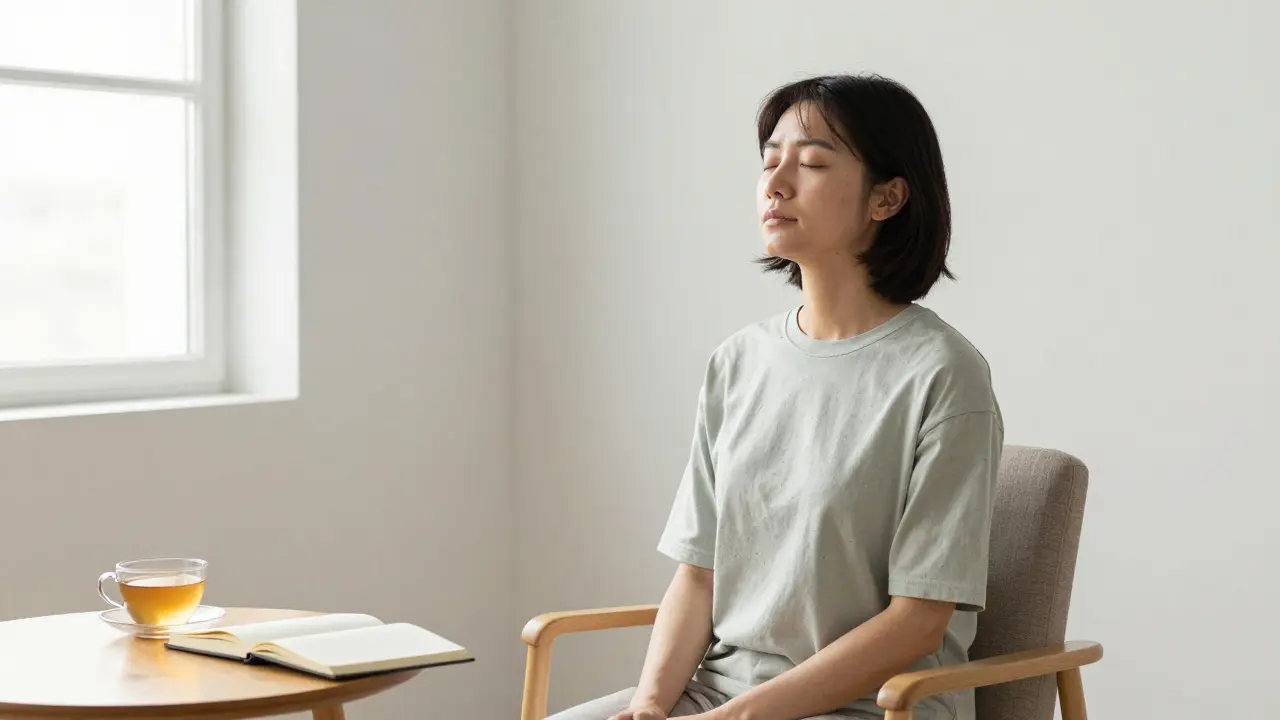 Calm person meditating with notebook and tea in soft light