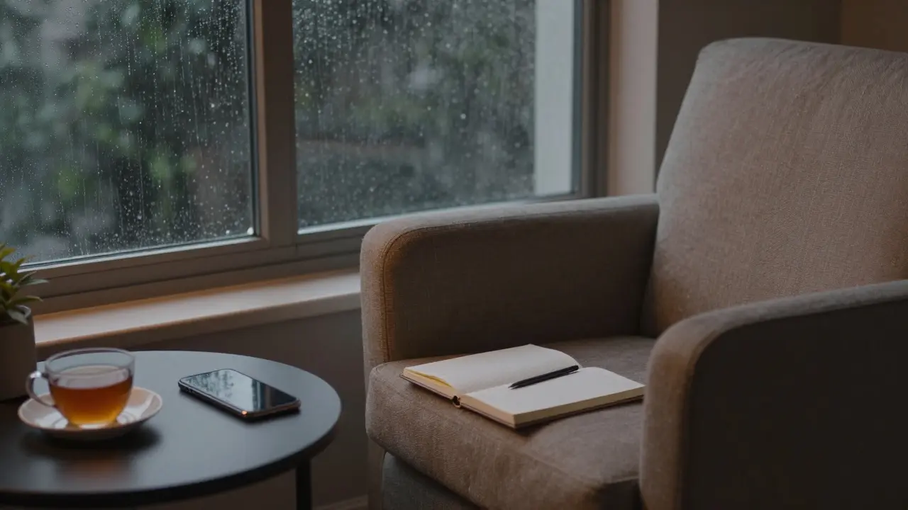 Cozy room with phone off, journal, and tea for relaxation.