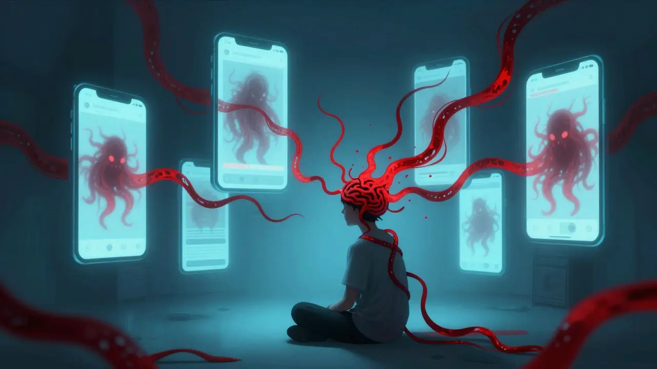 Figure surrounded by glowing phones emitting red fear tendrils