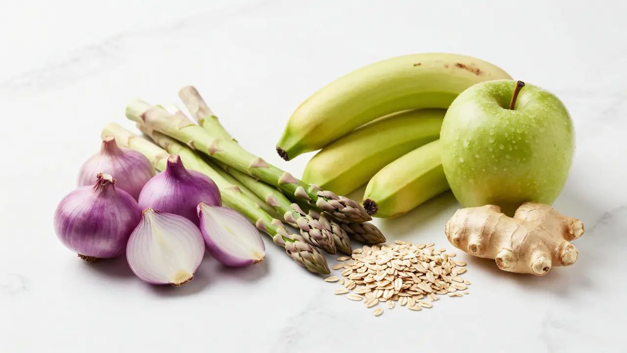 Fresh prebiotic foods including onions, asparagus, bananas, and ginger